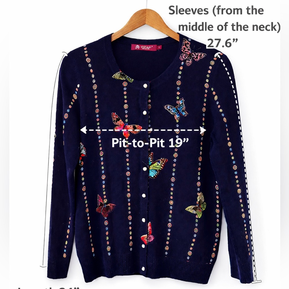 Viviani Collection Cashmere Wool Butterfly Embroidered Cardigan Navy Blue Size M - Picture 7 of 7